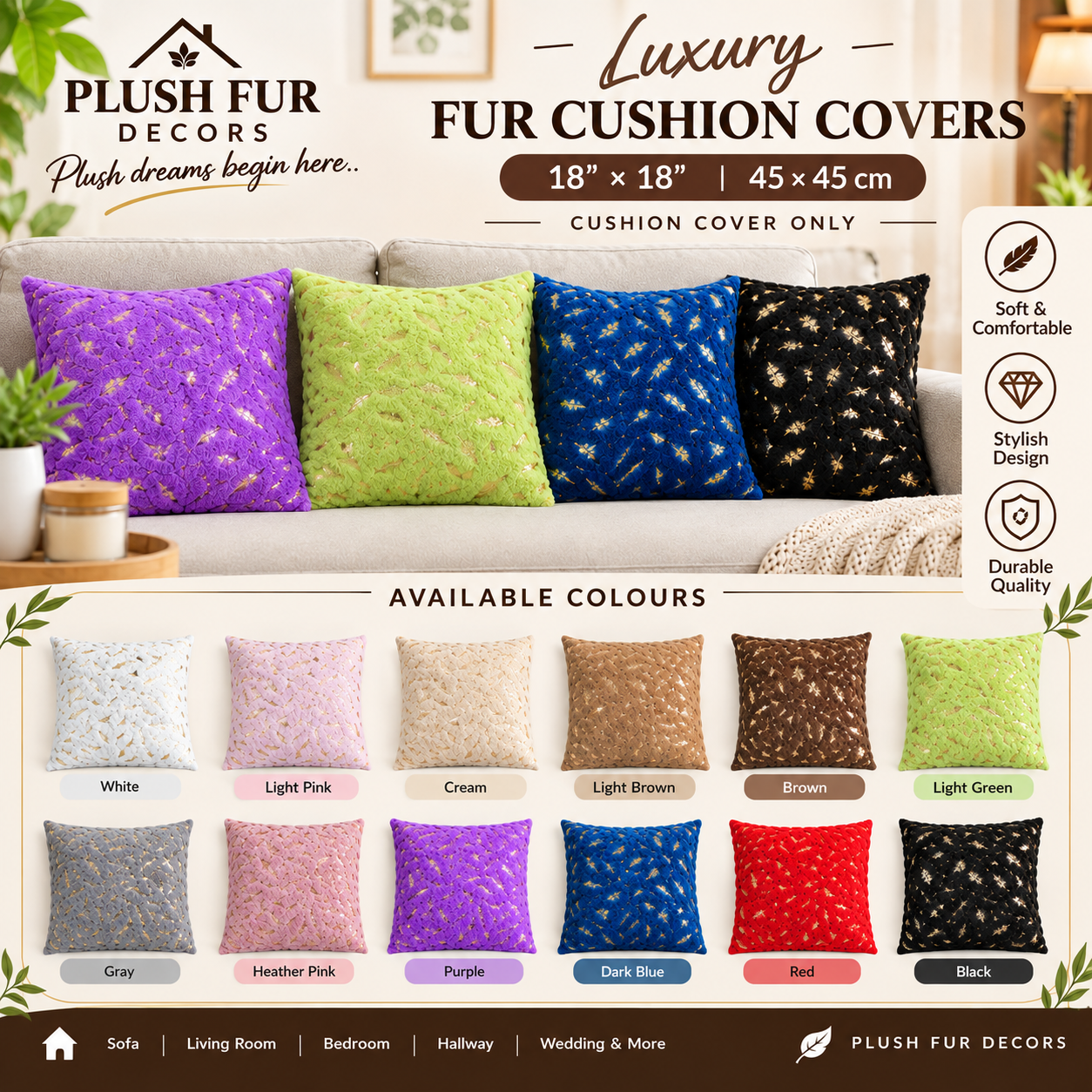 2022/10/1001057063.png Gold Feather Fur Home Decor Sofa Cushion Cover / Throw Pillow Cover – 18×18 Inches (45×45 cm) - Image 1
