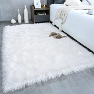 White Fur Ultra Soft Fluffy Rugs Rectangle Shape Faux Wool Carpet Rug for Living Room Bedroom Balcony Floor Mats ( 150 cm x 86 cm)